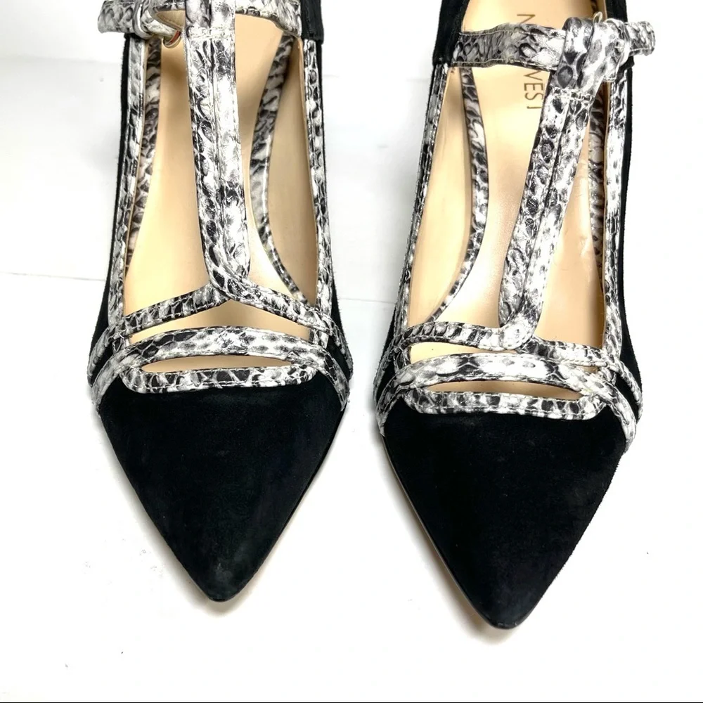 Nine West Jantine Women's T-Strap Pumps Pointed Toe Black Suede‎ Size 7.5 M